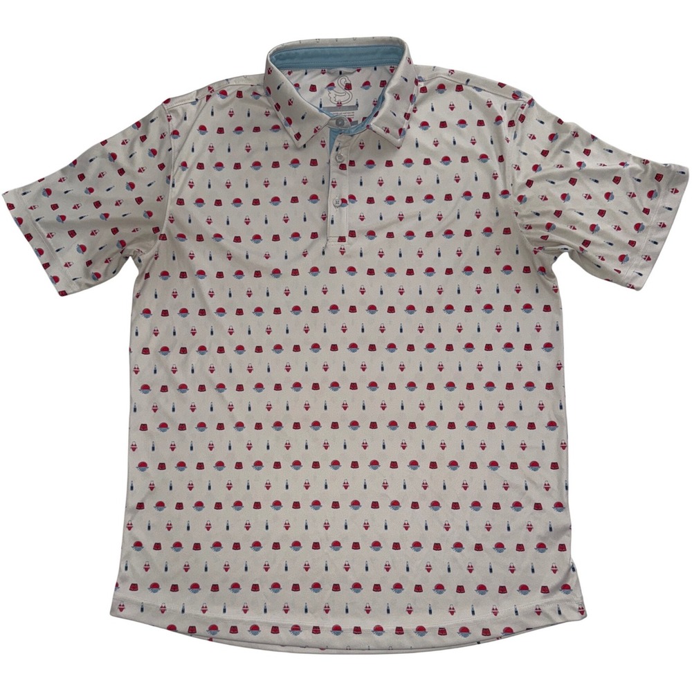 Swannies Co Mens Large Short Sleeve Polo Shirt White Beach All Over Print Golf - Picture 2 of 5
